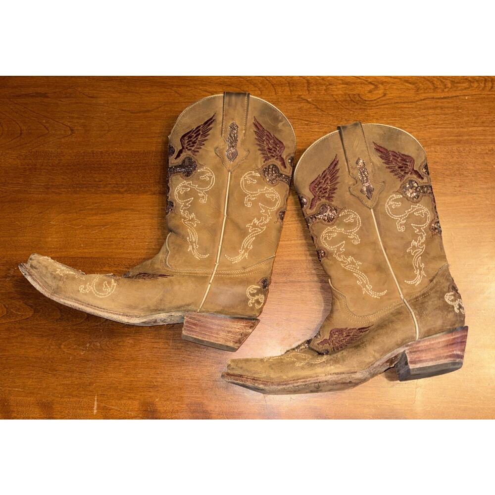 Ladies Herencia Brown Leather Embroidered Western Boots Size: 8.5 Snip Toe